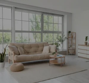 Living room with Window wall and cream sofa