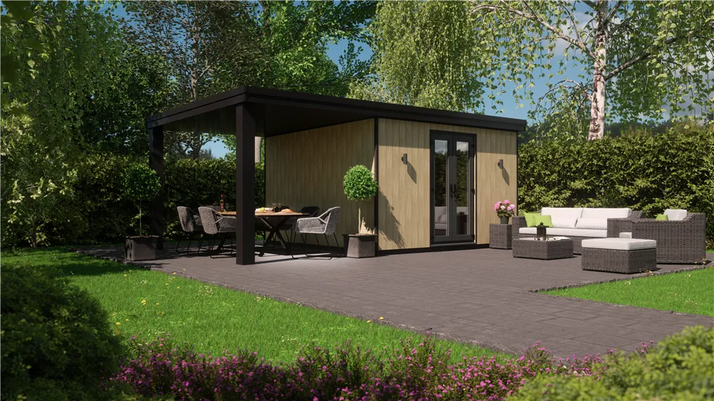brown garden room with outside seating area