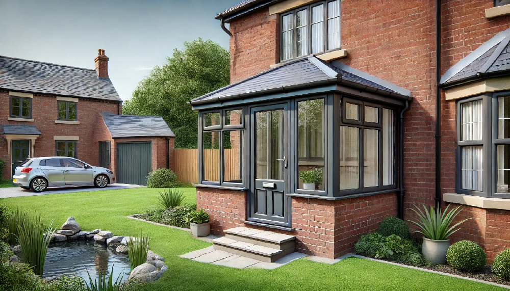 upvc porch with tiled roof on red brick house