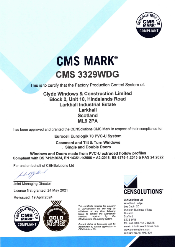 Clyde Windows PAS 24 security certificate issued by CENSolutions and accredited by UKAS