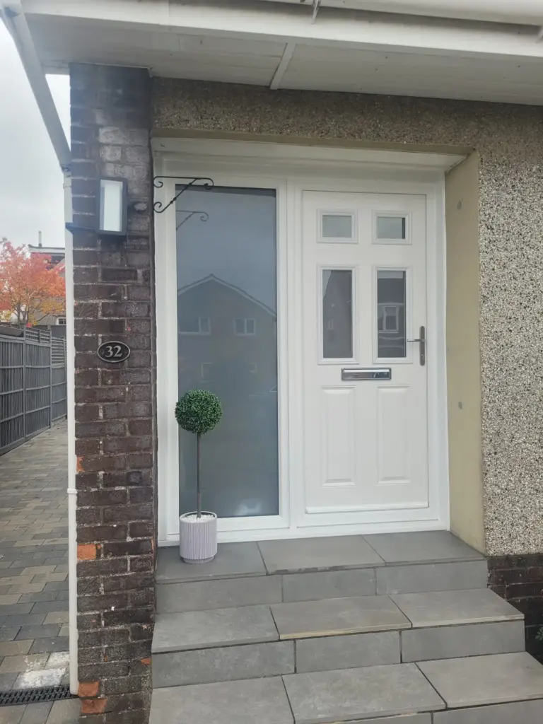 white upvc door with sidelight chrome letter box and chrome handle